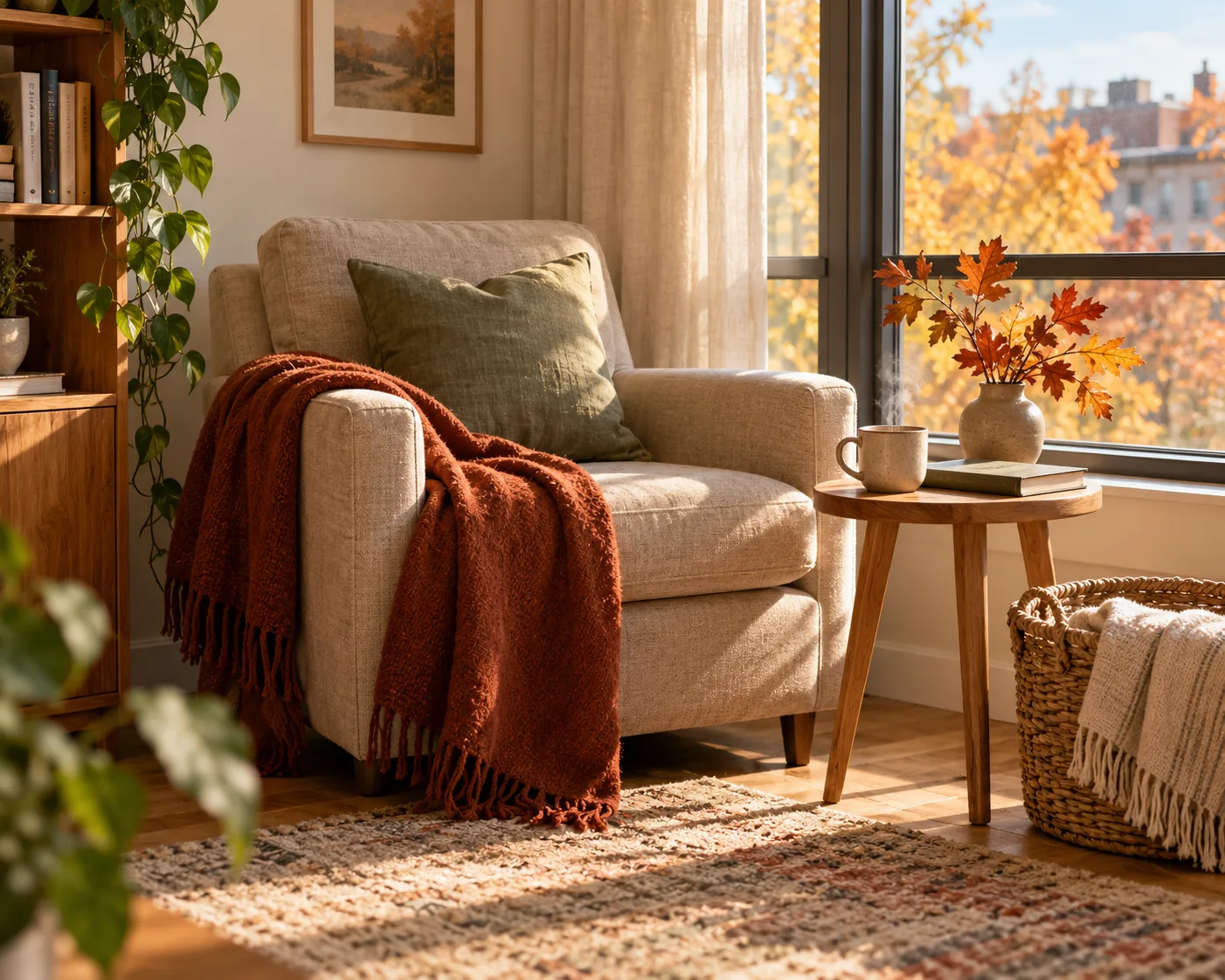 A cozy reading corner with a rust throw and autumn leaves by the window.
