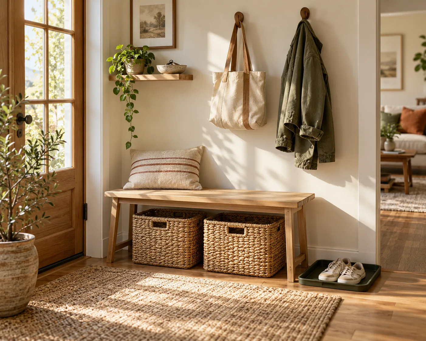 A compact entryway with a bench, storage baskets, wall hooks and a shoe tray.