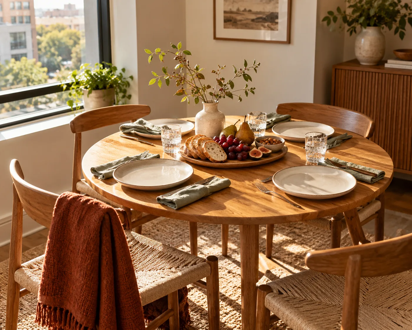 A small round table set for four with simple ceramics and linen napkins.