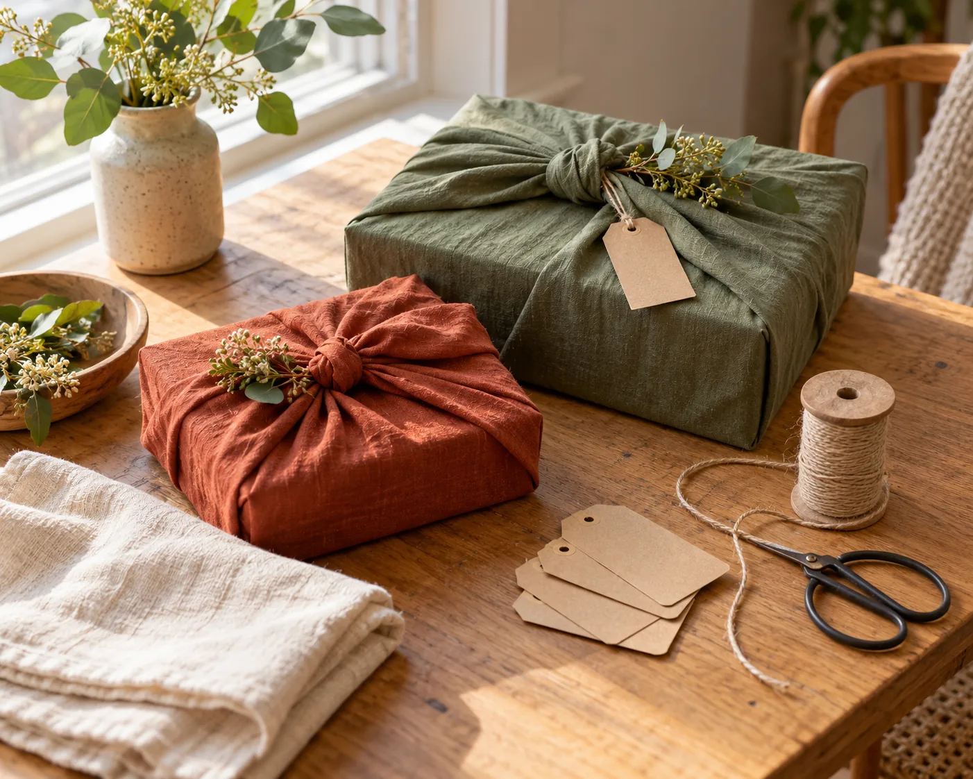 Reusable fabric-wrapped gifts with blank paper tags and natural cord.