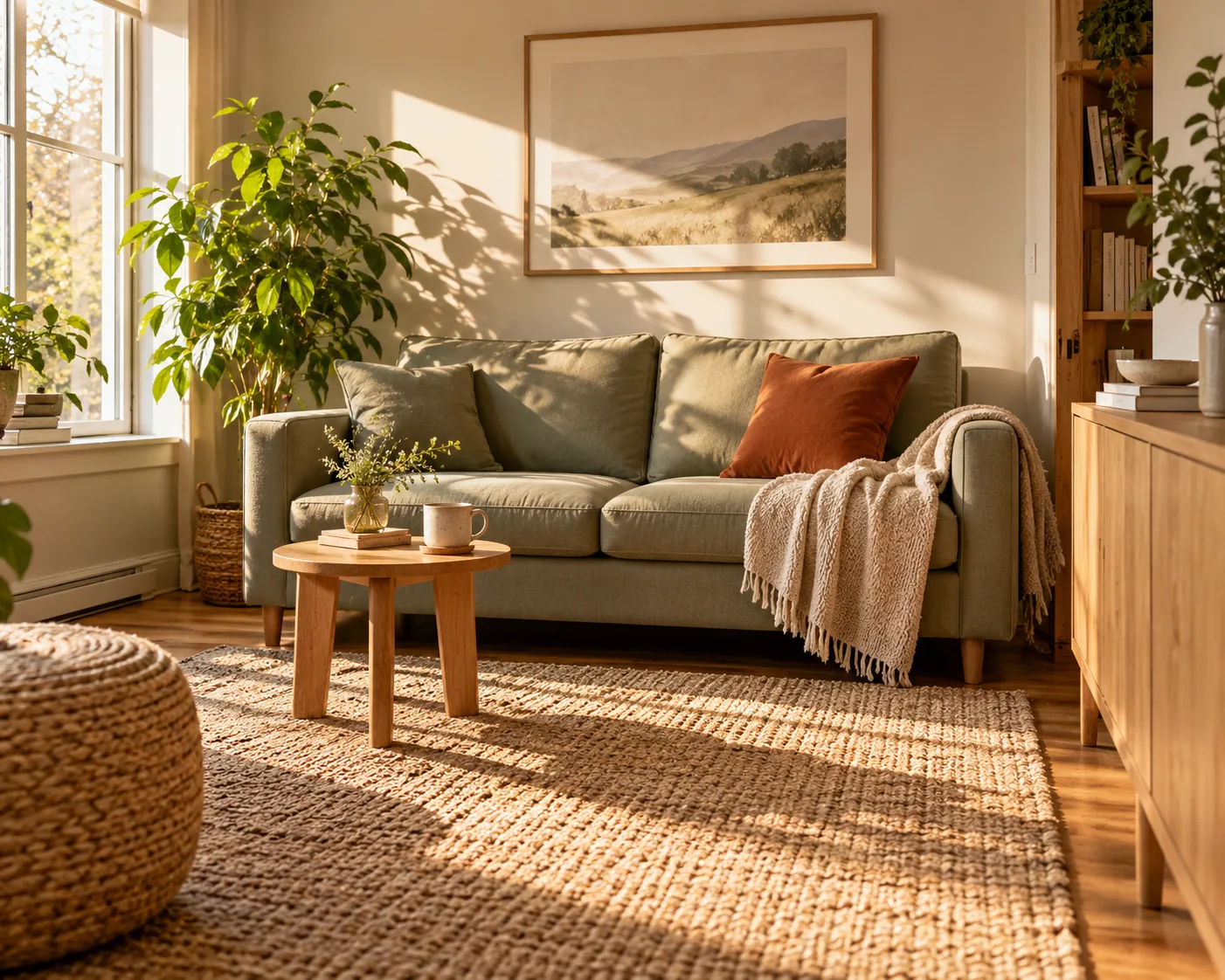 A sunlit living room with a sage sofa, oak furniture and woven textures.